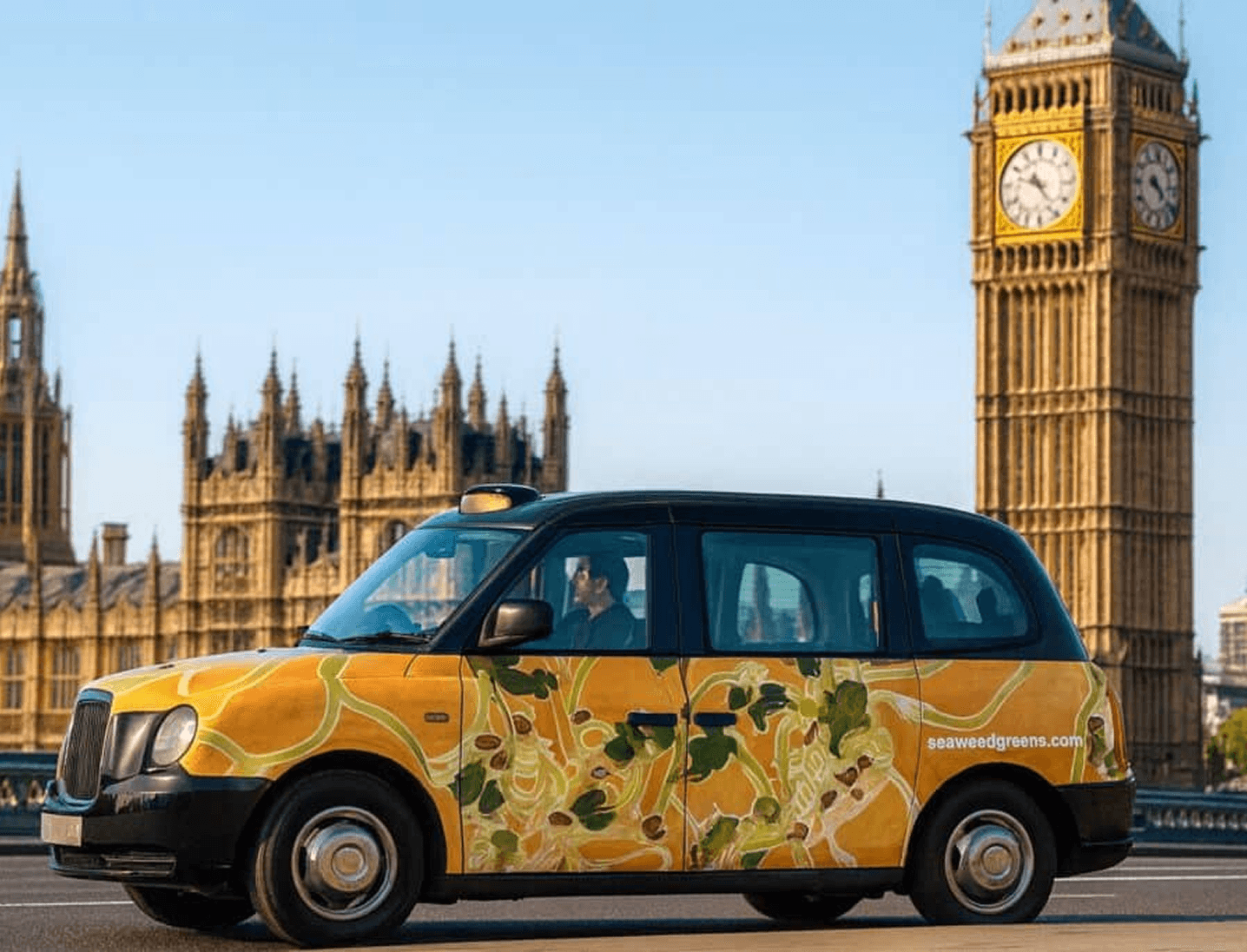 London taxi wrapped in Seaweed Greens artwork